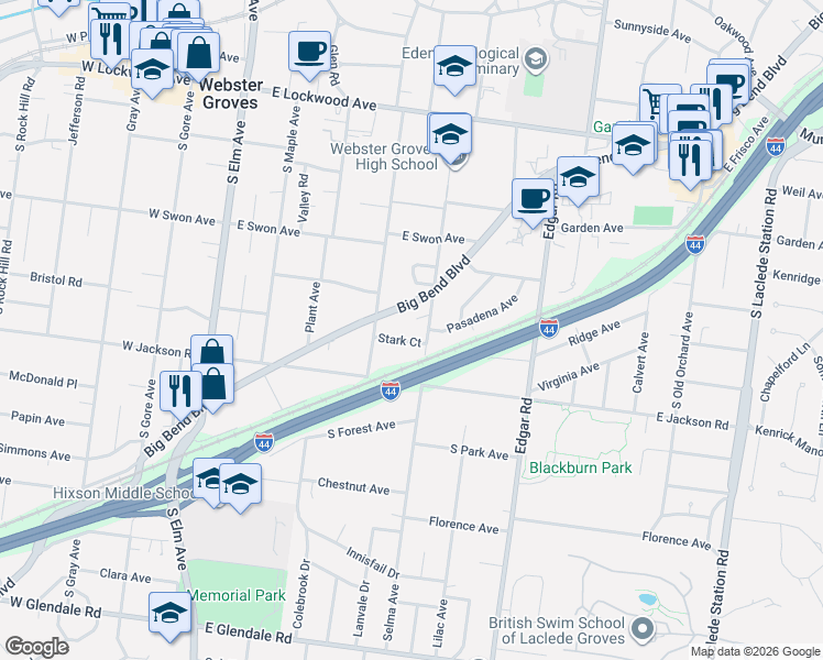 map of restaurants, bars, coffee shops, grocery stores, and more near 312 Sylvester Avenue in Webster Groves