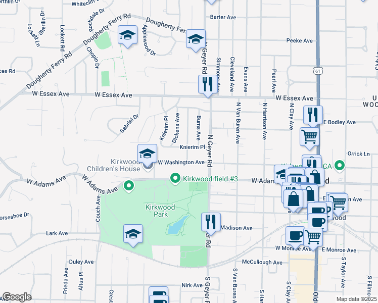 map of restaurants, bars, coffee shops, grocery stores, and more near 408 Longfellow Avenue in Kirkwood