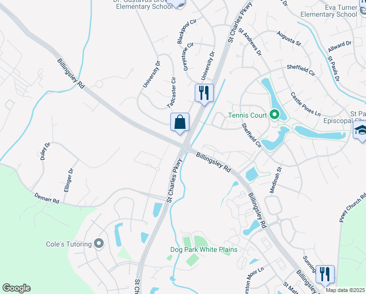 map of restaurants, bars, coffee shops, grocery stores, and more near Billingsley Rd & St Charles Pkwy in Charles