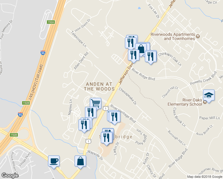 map of restaurants, bars, coffee shops, grocery stores, and more near 16864 Francis West Lane in Dumfries