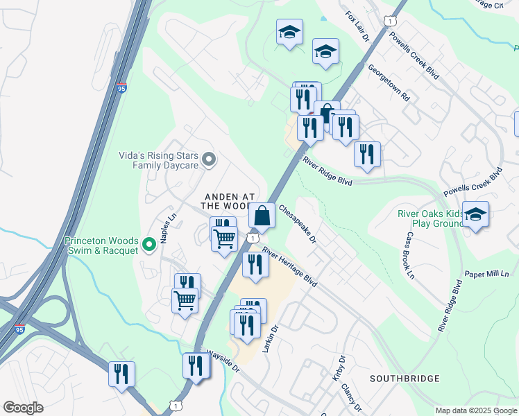 map of restaurants, bars, coffee shops, grocery stores, and more near 16864 Francis West Lane in Dumfries