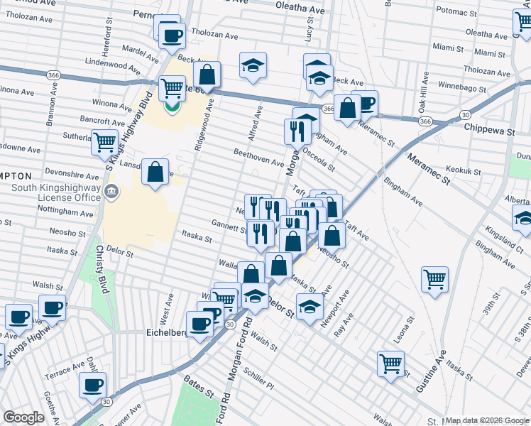 map of restaurants, bars, coffee shops, grocery stores, and more near 4332 Ellenwood Avenue in St. Louis
