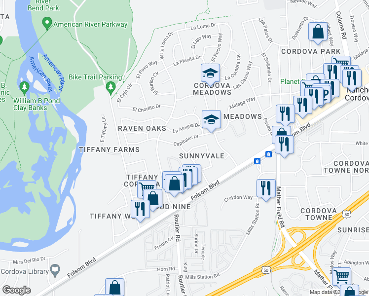 map of restaurants, bars, coffee shops, grocery stores, and more near 2609 Bravado Drive in Rancho Cordova