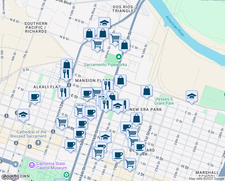 map of restaurants, bars, coffee shops, grocery stores, and more near 200-298 Lincoln Highway in Sacramento