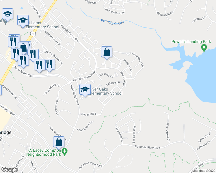 map of restaurants, bars, coffee shops, grocery stores, and more near 2577 Oak Tree Lane in Woodbridge
