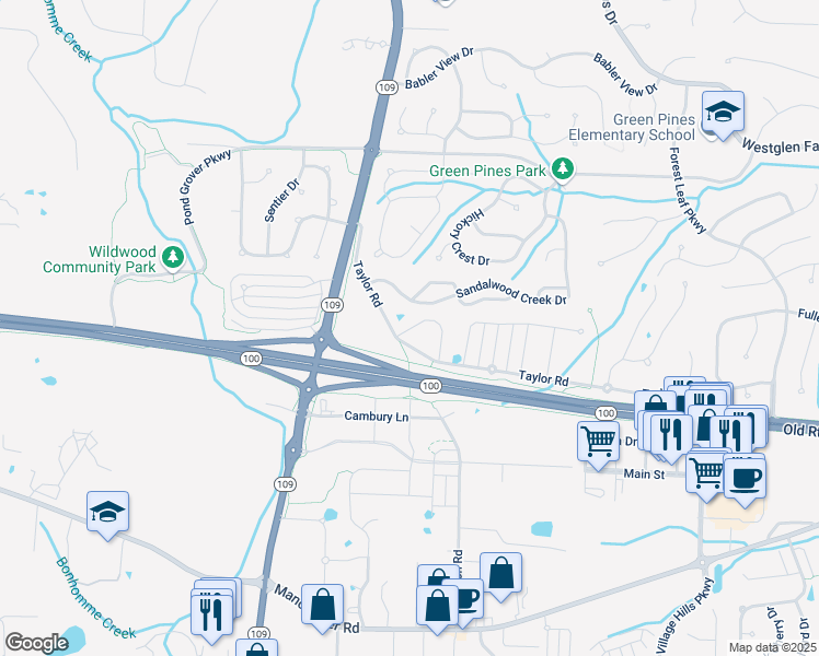map of restaurants, bars, coffee shops, grocery stores, and more near 17080 Sandalwood Creek Drive in Wildwood