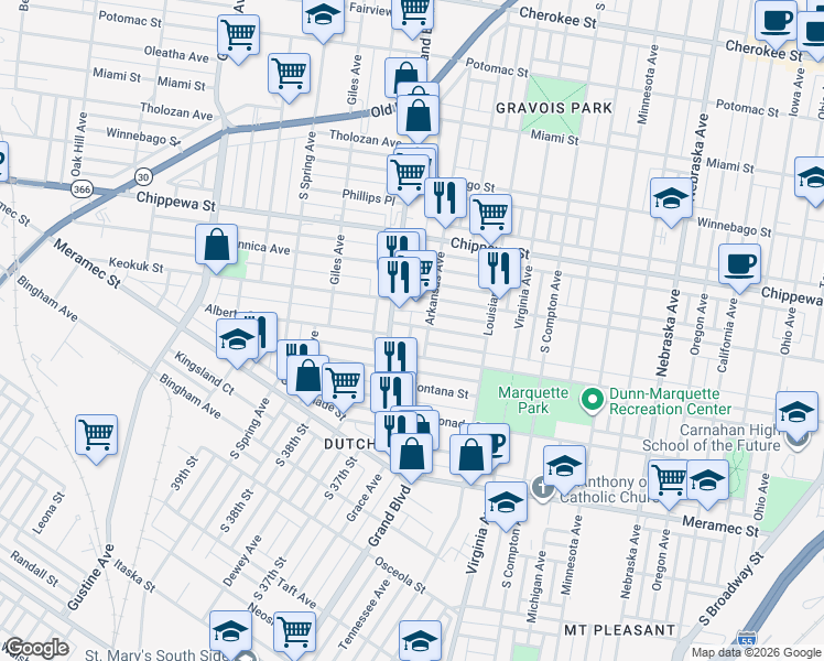 map of restaurants, bars, coffee shops, grocery stores, and more near 3902 South Grand Boulevard in St. Louis