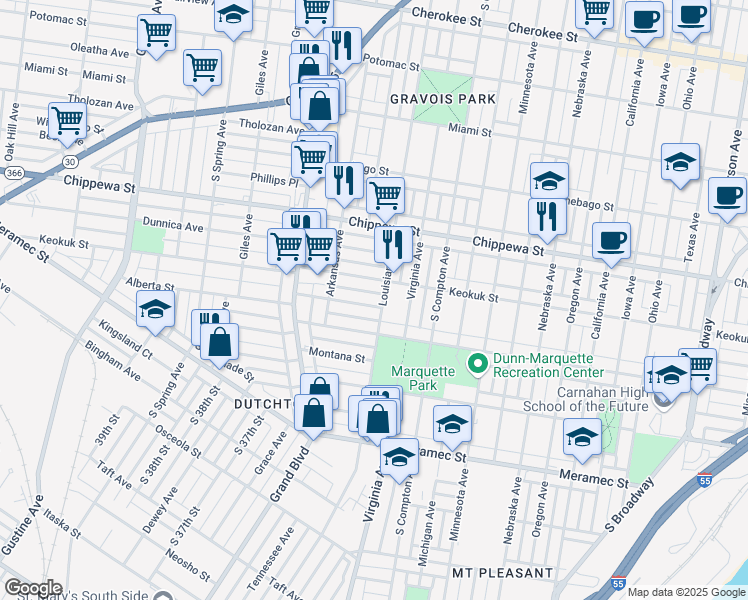 map of restaurants, bars, coffee shops, grocery stores, and more near 3409 Alberta Street in St. Louis