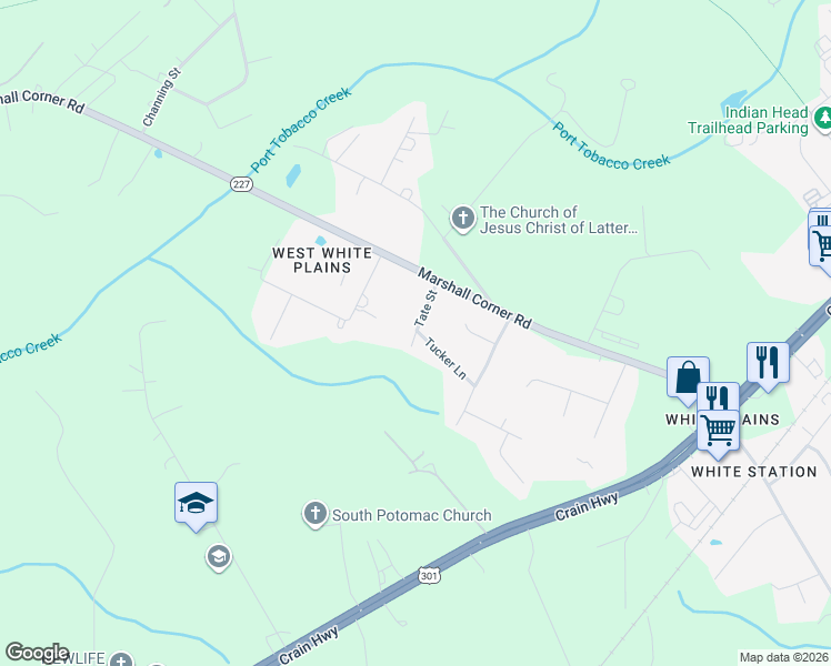 map of restaurants, bars, coffee shops, grocery stores, and more near 10151 Tucker Lane in White Plains