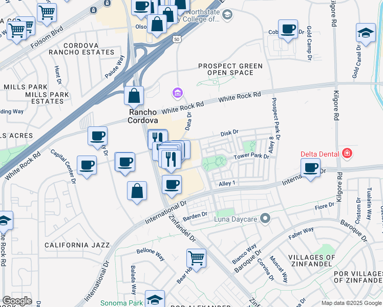 map of restaurants, bars, coffee shops, grocery stores, and more near 3175 Data Drive in Rancho Cordova