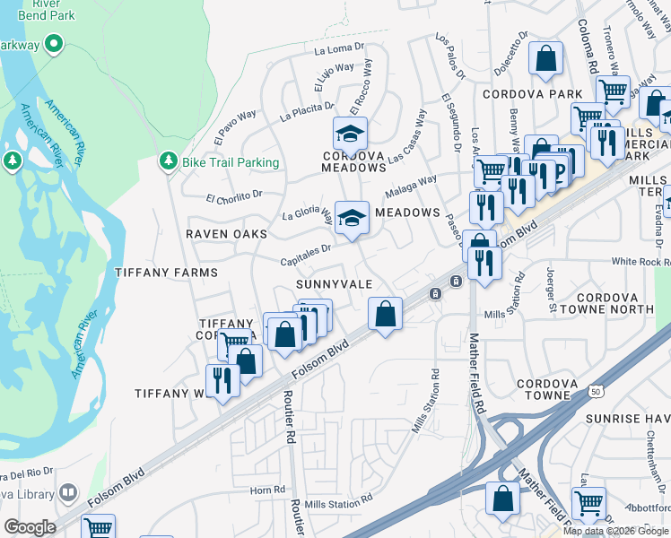 map of restaurants, bars, coffee shops, grocery stores, and more near 30 Capitales Drive in Rancho Cordova