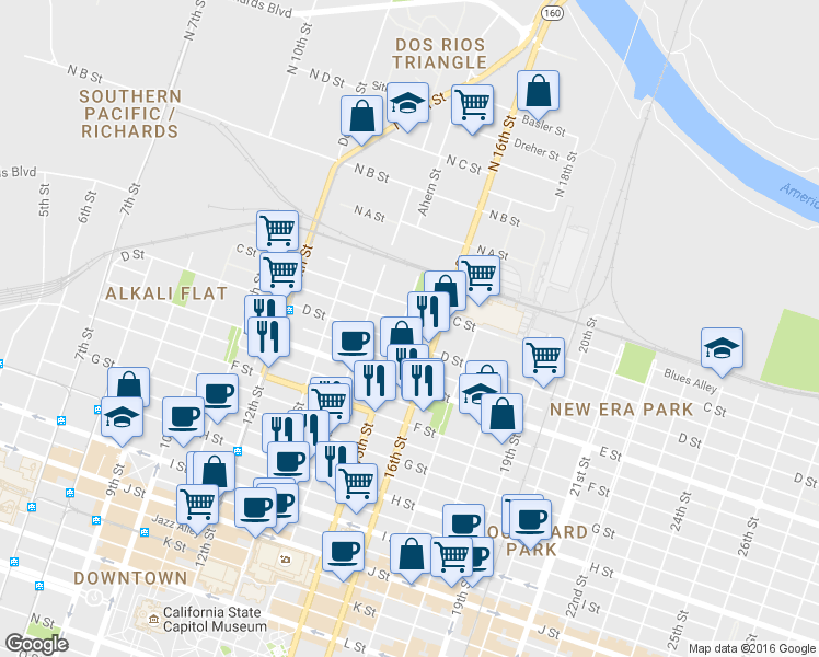 map of restaurants, bars, coffee shops, grocery stores, and more near 1428 C Street in Sacramento