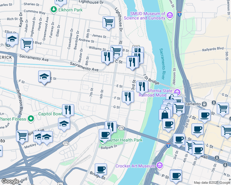 map of restaurants, bars, coffee shops, grocery stores, and more near 521 5th Street in West Sacramento