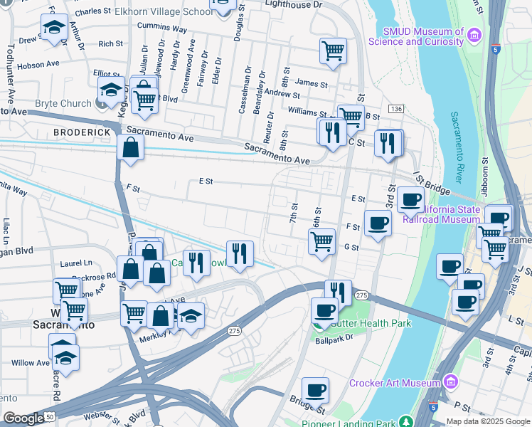 map of restaurants, bars, coffee shops, grocery stores, and more near 801 E Street in West Sacramento