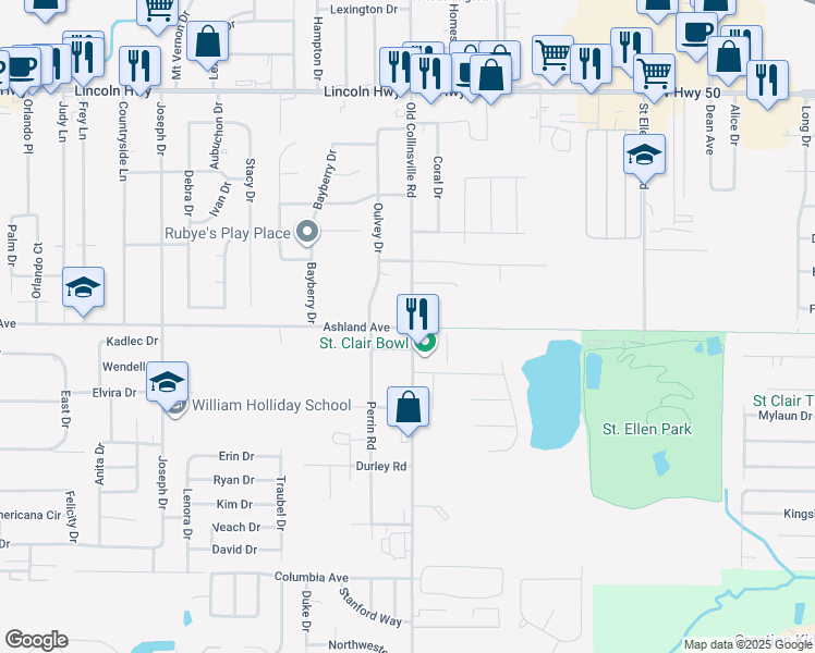map of restaurants, bars, coffee shops, grocery stores, and more near 6001 Old Collinsville Road in Fairview Heights