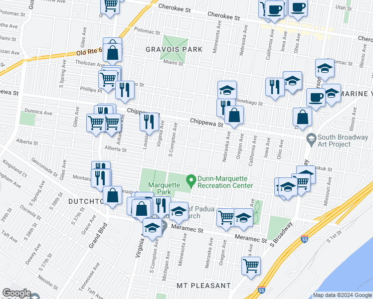 map of restaurants, bars, coffee shops, grocery stores, and more near 3844 Michigan Avenue in St. Louis