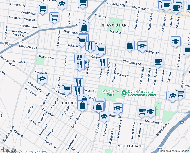 map of restaurants, bars, coffee shops, grocery stores, and more near 3408 Keokuk Street in St. Louis