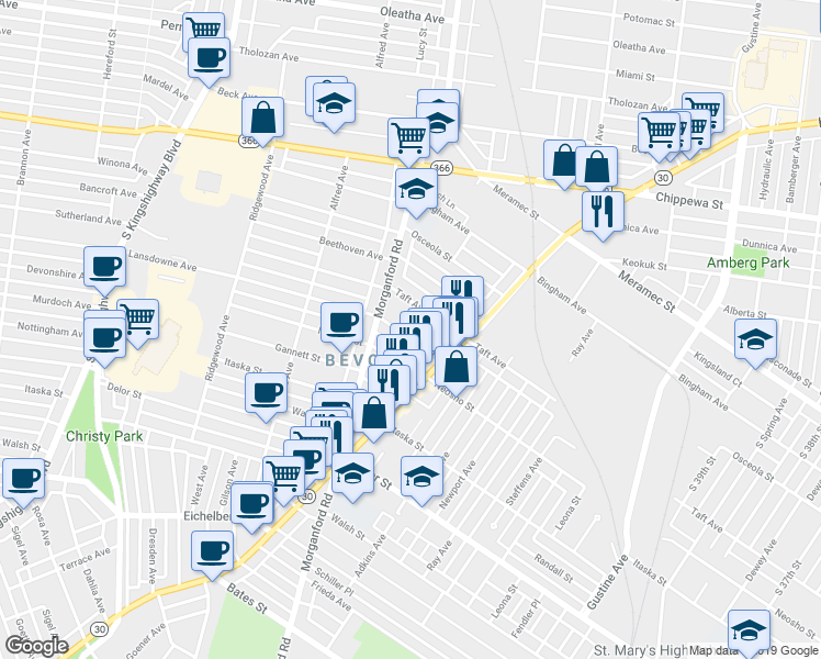 map of restaurants, bars, coffee shops, grocery stores, and more near 4156 Taft Avenue in St. Louis