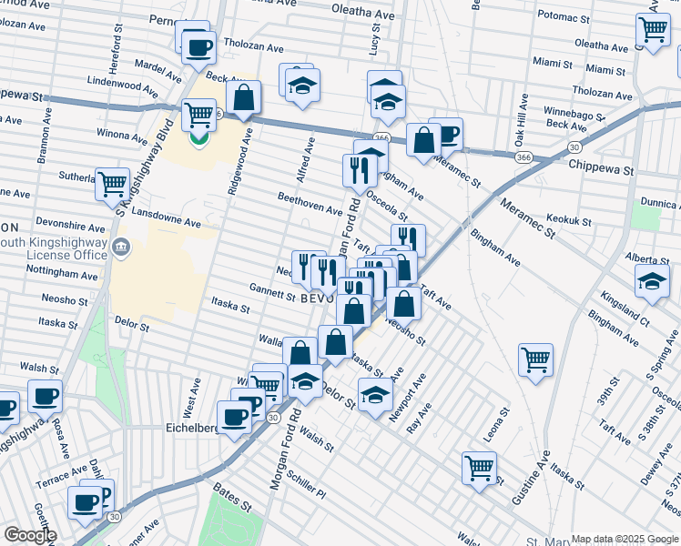 map of restaurants, bars, coffee shops, grocery stores, and more near 4526 Morgan Ford Road in St. Louis