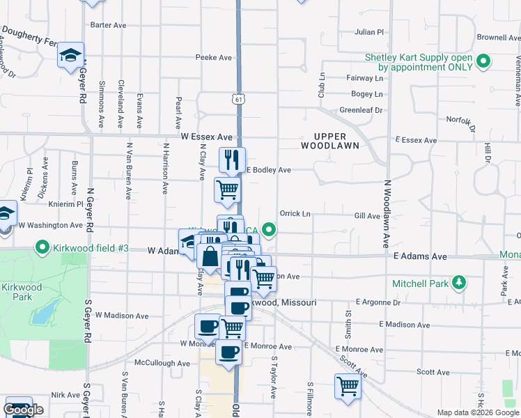 map of restaurants, bars, coffee shops, grocery stores, and more near 445 North Taylor Avenue in Kirkwood