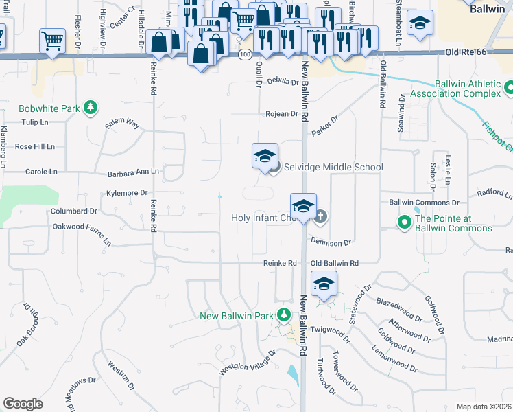 map of restaurants, bars, coffee shops, grocery stores, and more near 235 New Ballwin Road in Ballwin