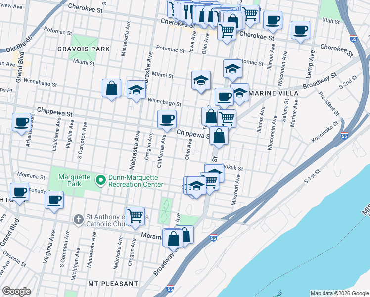 map of restaurants, bars, coffee shops, grocery stores, and more near 3815 Ohio Avenue in St. Louis