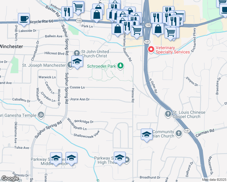 map of restaurants, bars, coffee shops, grocery stores, and more near 801 Connie Lane in Ballwin