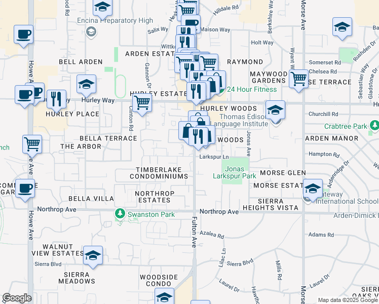 map of restaurants, bars, coffee shops, grocery stores, and more near 2525 Larkspur Lane in Sacramento