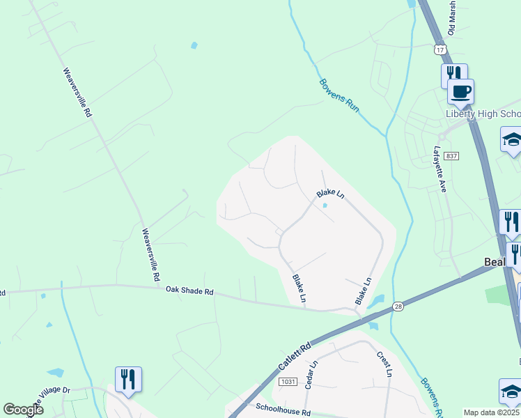 map of restaurants, bars, coffee shops, grocery stores, and more near 6822 Crescent Ridge Court in Bealeton