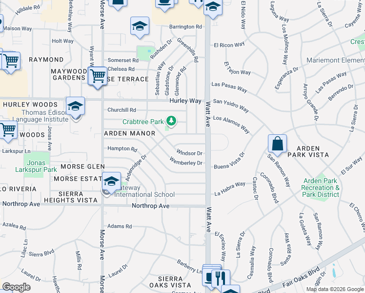 map of restaurants, bars, coffee shops, grocery stores, and more near 3404 Ardenridge Drive in Sacramento