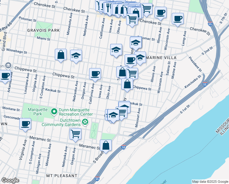 map of restaurants, bars, coffee shops, grocery stores, and more near 2622 Chippewa Street in St. Louis