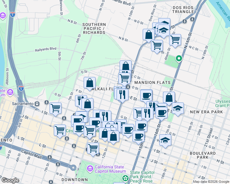 map of restaurants, bars, coffee shops, grocery stores, and more near E St & 11th St in Sacramento
