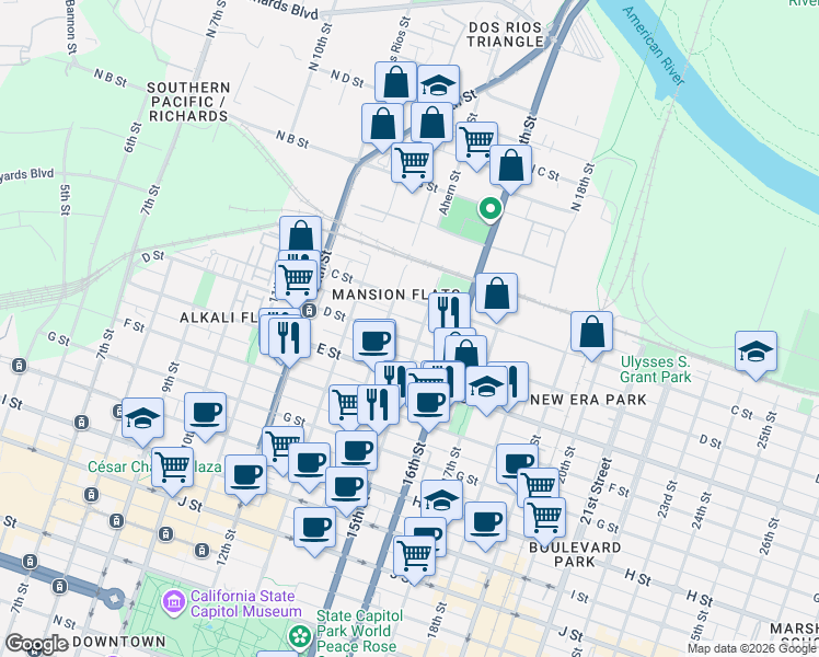 map of restaurants, bars, coffee shops, grocery stores, and more near 1421 D Street in Sacramento