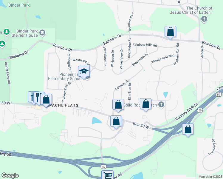 map of restaurants, bars, coffee shops, grocery stores, and more near 402 Gateway Drive in Jefferson City