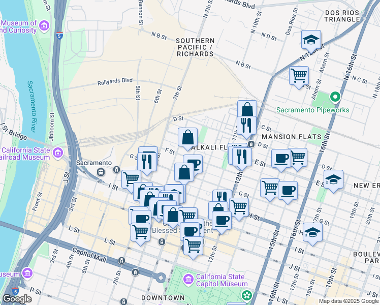 map of restaurants, bars, coffee shops, grocery stores, and more near in Sacramento