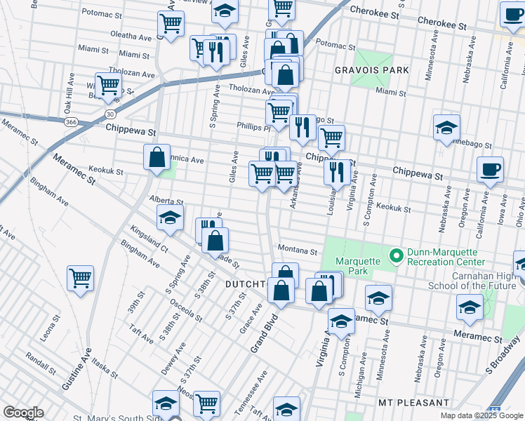 map of restaurants, bars, coffee shops, grocery stores, and more near 3929 South Grand Boulevard in St. Louis