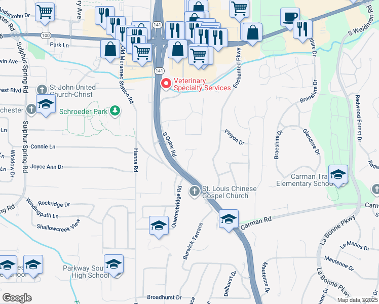 map of restaurants, bars, coffee shops, grocery stores, and more near 1047 Treeline Court in Ballwin
