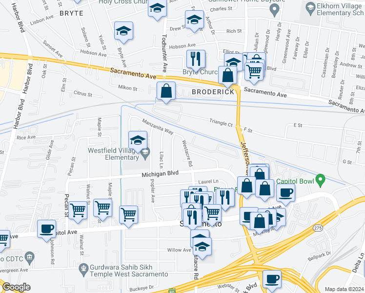 map of restaurants, bars, coffee shops, grocery stores, and more near 1532 Portsmouth Court in West Sacramento