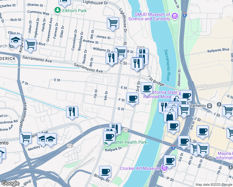 map of restaurants, bars, coffee shops, grocery stores, and more near 522 5th Street in West Sacramento