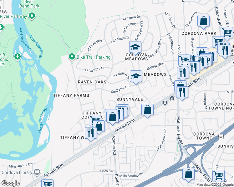 map of restaurants, bars, coffee shops, grocery stores, and more near 2605 Capitales Drive in Rancho Cordova