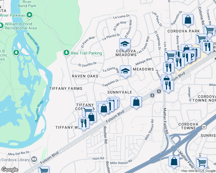 map of restaurants, bars, coffee shops, grocery stores, and more near 2605 Capitales Drive in Rancho Cordova