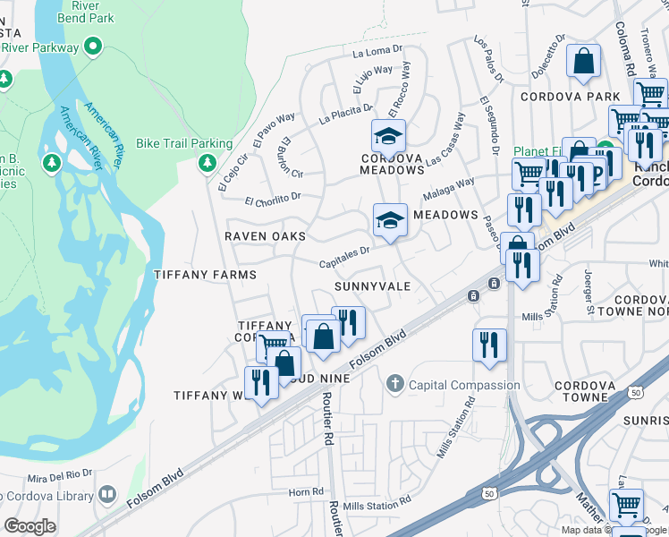 map of restaurants, bars, coffee shops, grocery stores, and more near 2605 Capitales Drive in Rancho Cordova