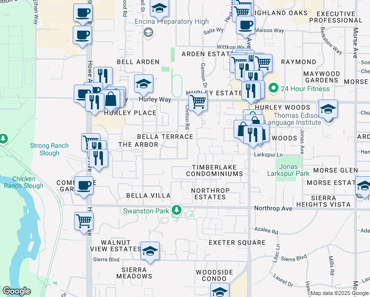 map of restaurants, bars, coffee shops, grocery stores, and more near 1121 Clinton Road in Sacramento