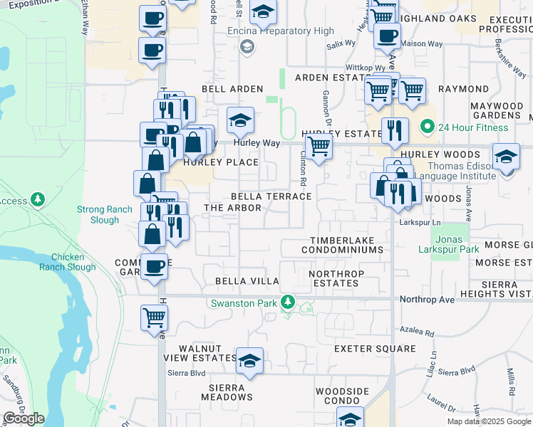 map of restaurants, bars, coffee shops, grocery stores, and more near 1124 Agatha Way in Sacramento