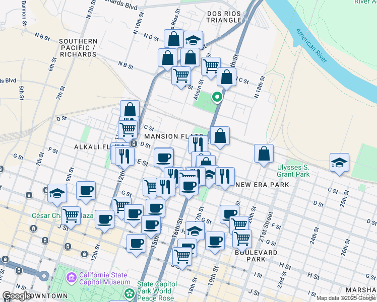 map of restaurants, bars, coffee shops, grocery stores, and more near 1428 C Street in Sacramento