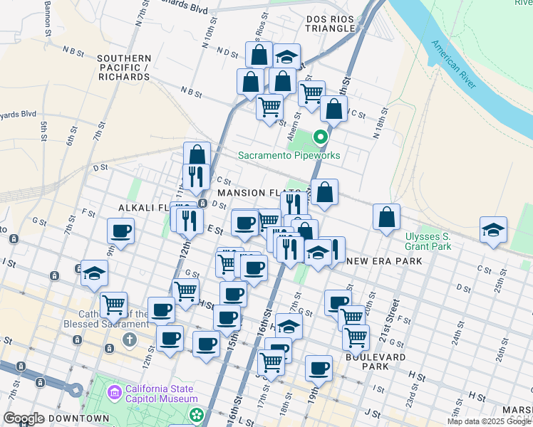 map of restaurants, bars, coffee shops, grocery stores, and more near 1428 C Street in Sacramento