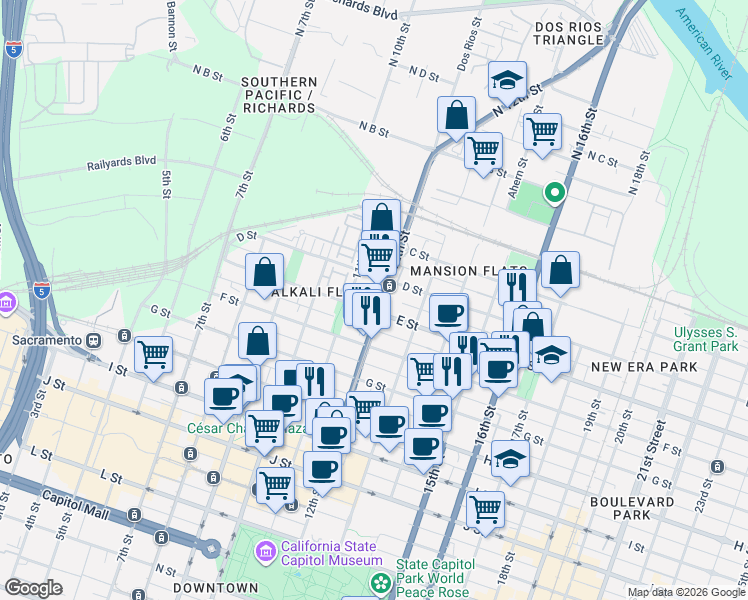 map of restaurants, bars, coffee shops, grocery stores, and more near in Sacramento