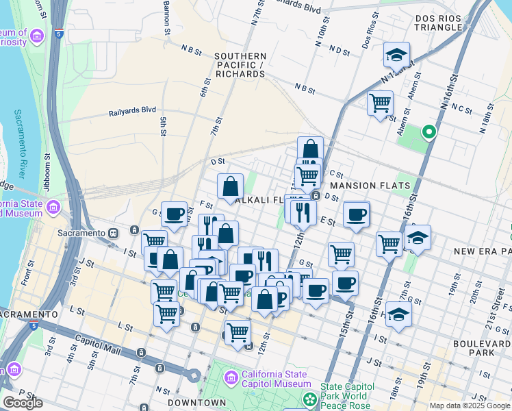 map of restaurants, bars, coffee shops, grocery stores, and more near in Sacramento