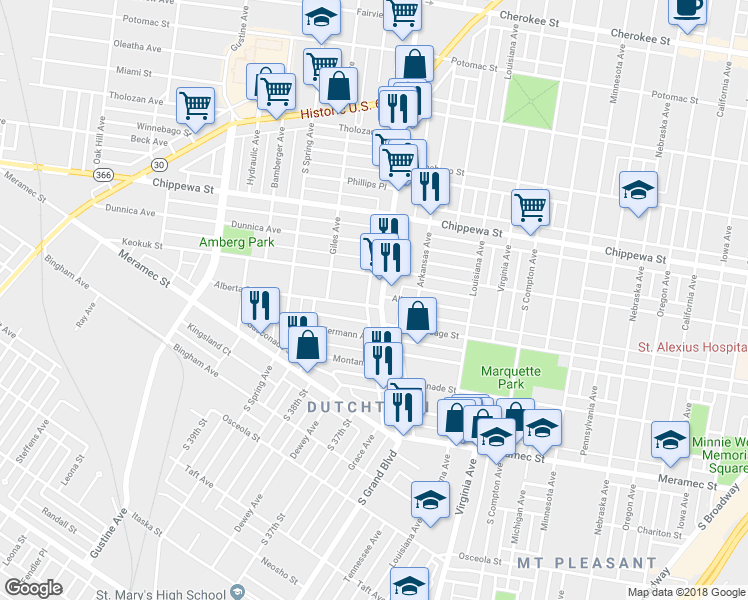 map of restaurants, bars, coffee shops, grocery stores, and more near 3626 Keokuk Street in St. Louis