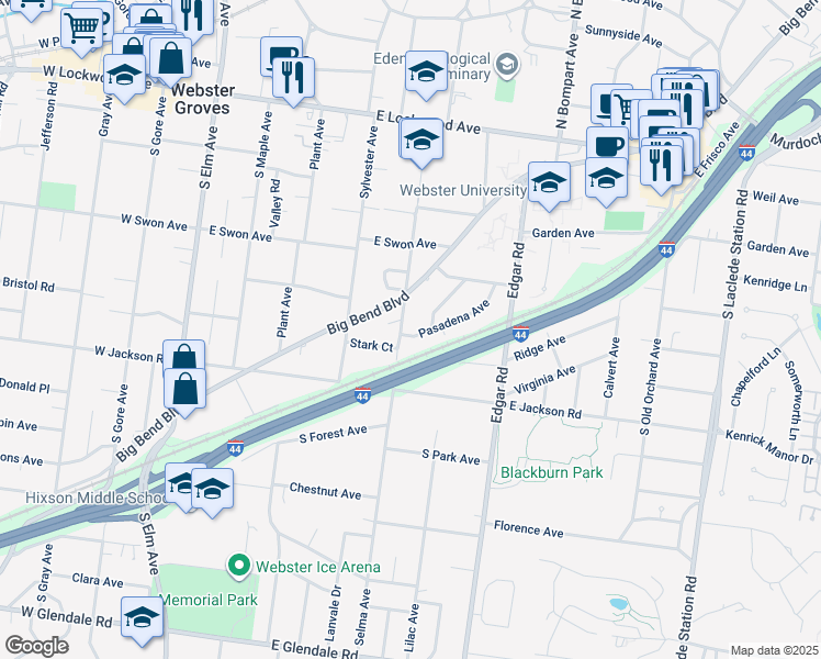 map of restaurants, bars, coffee shops, grocery stores, and more near 309 Selma Avenue in Webster Groves